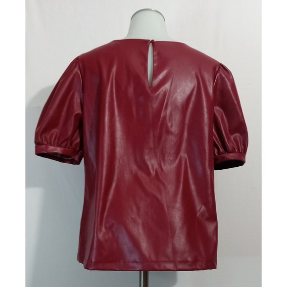 New York & Company Faux-Leather Puff-Sleeve Burgundy Wine Blouse Sz M - Picture 4 of 5
